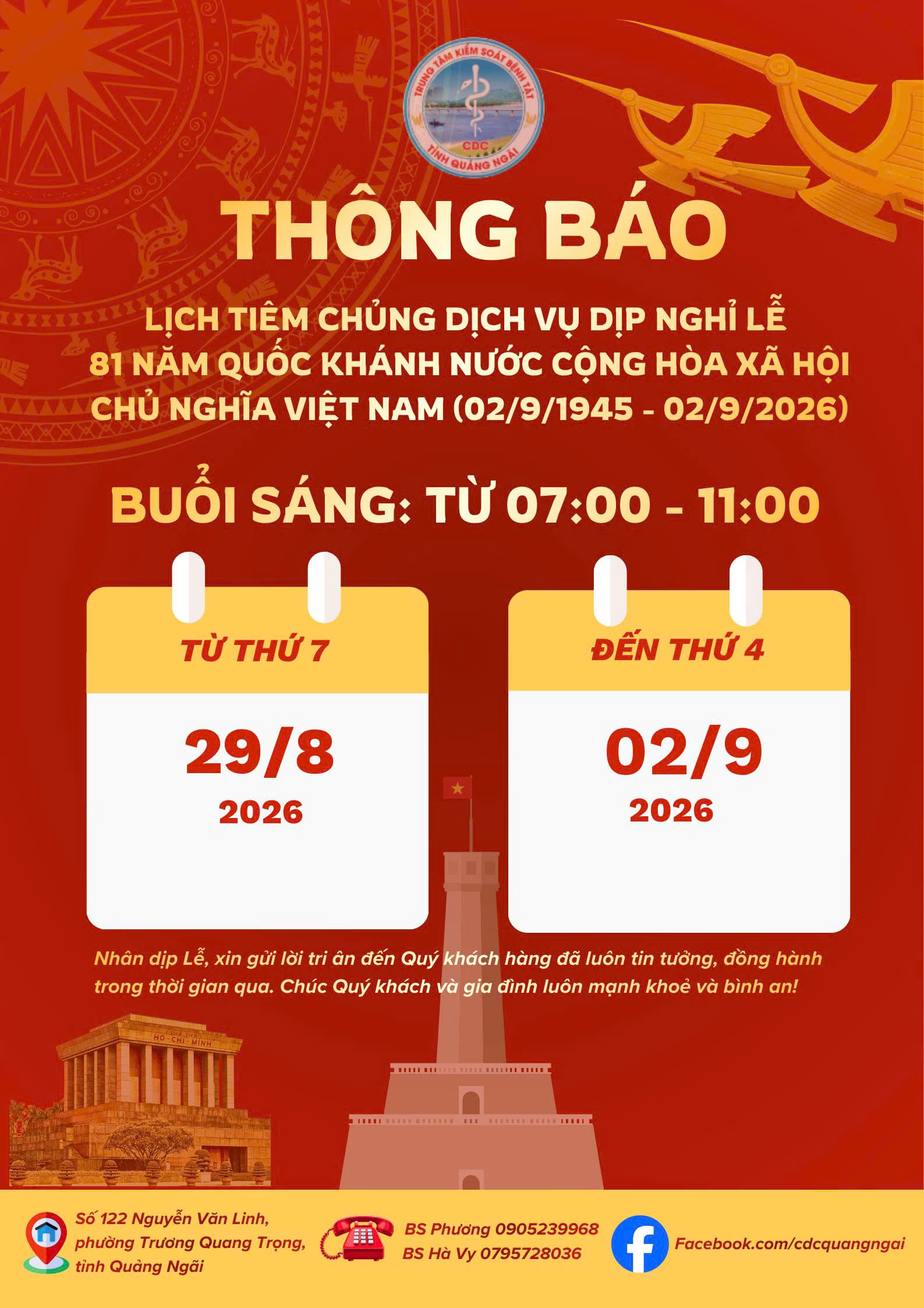 Th&ocirc;ng b&aacute;o Lịch ti&ecirc;m chủng dịch vụ dịp nghỉ lễ 81 năm Quốc kh&aacute;nh nước CHXHCNVN (02/9/1945 - 02/9/2026) của Trung t&acirc;m Kiểm so&aacute;t bệnh tật tỉnh Quảng ng&atilde;i